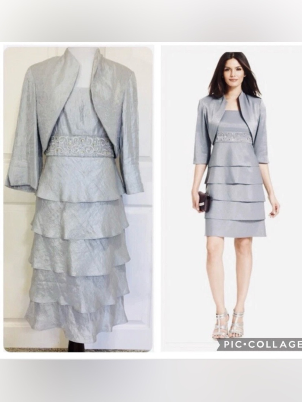R&M Richards Elegant silver metallic w/stones 2piece dress crop jacket, Size 16